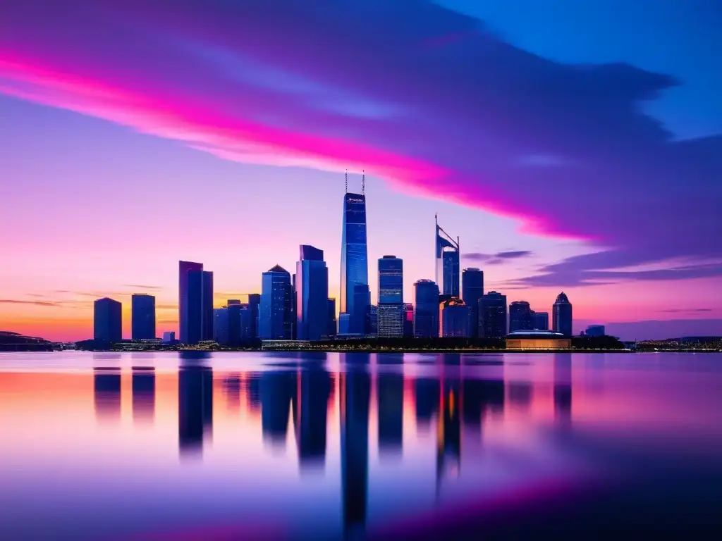 Un atardecer sereno en la ciudad, con rascacielos modernos reflejando la calidez del sol