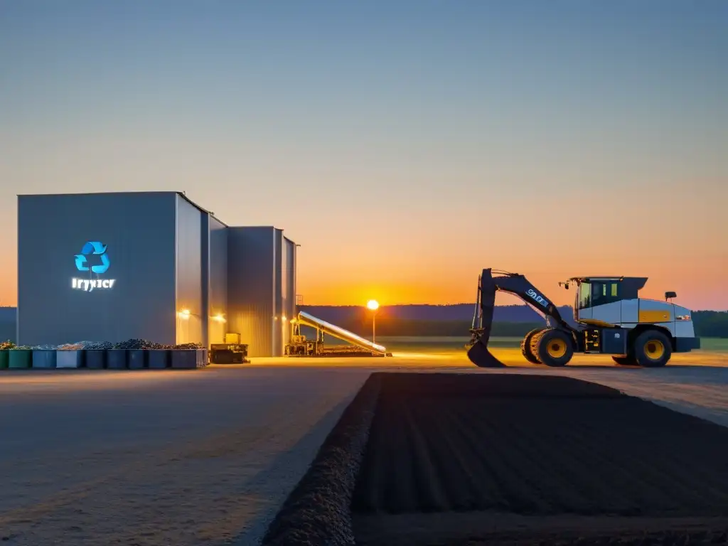 Un atardecer sereno en una planta de reciclaje moderna, implementando economía circular en reciclaje