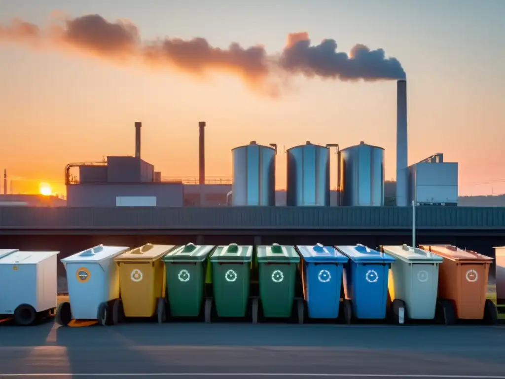 Un atardecer sereno sobre una planta de reciclaje con contenedores ordenados reflejando la luz