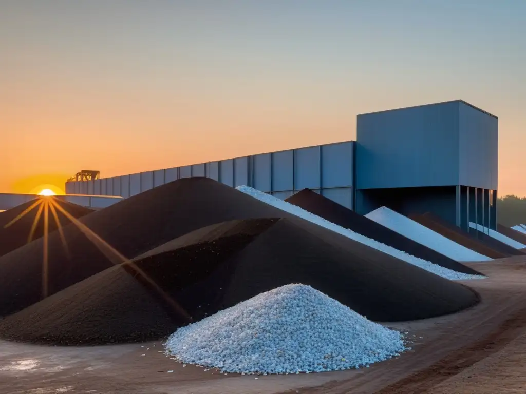 Un atardecer sereno en una planta de reciclaje, donde la luz del sol ilumina los materiales reciclables