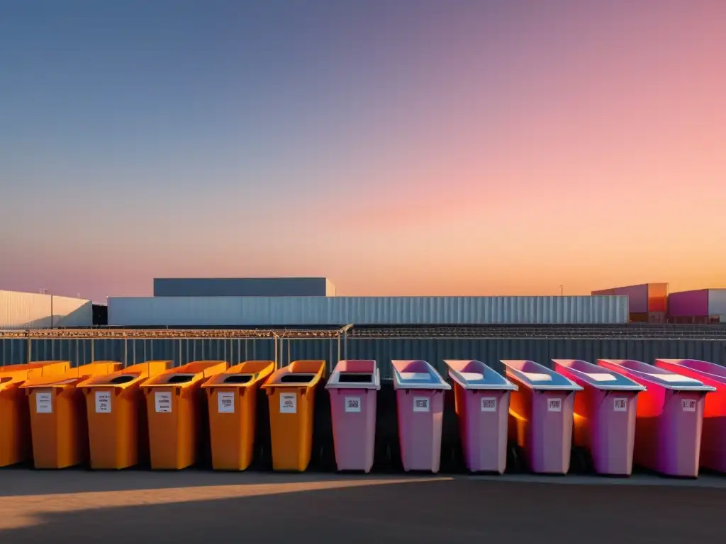 Un atardecer sereno en una planta de reciclaje, con contenedores ordenados bajo la suave luz del sol