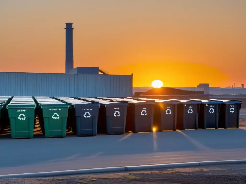 Un atardecer sereno en una planta de reciclaje, con un aura dorada que suaviza la arquitectura moderna