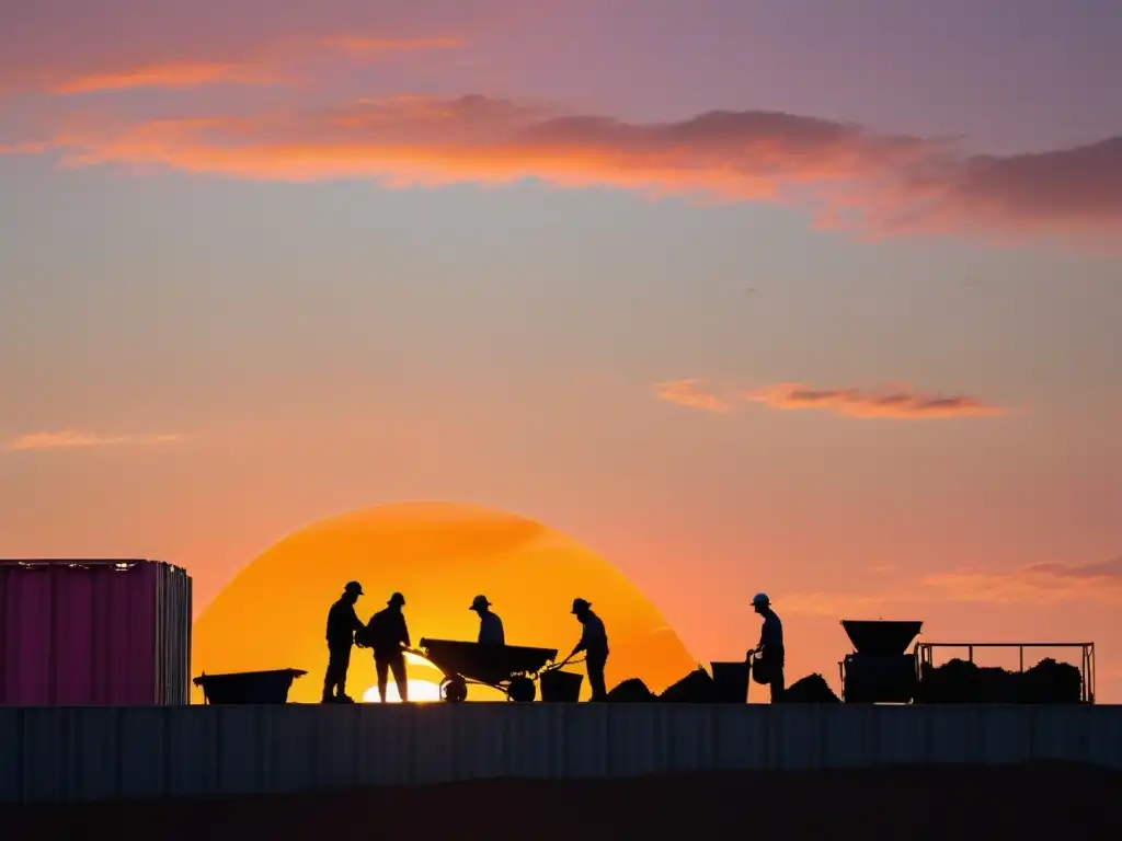 Un atardecer tranquilo en una planta de reciclaje, con trabajadores clasificando materiales