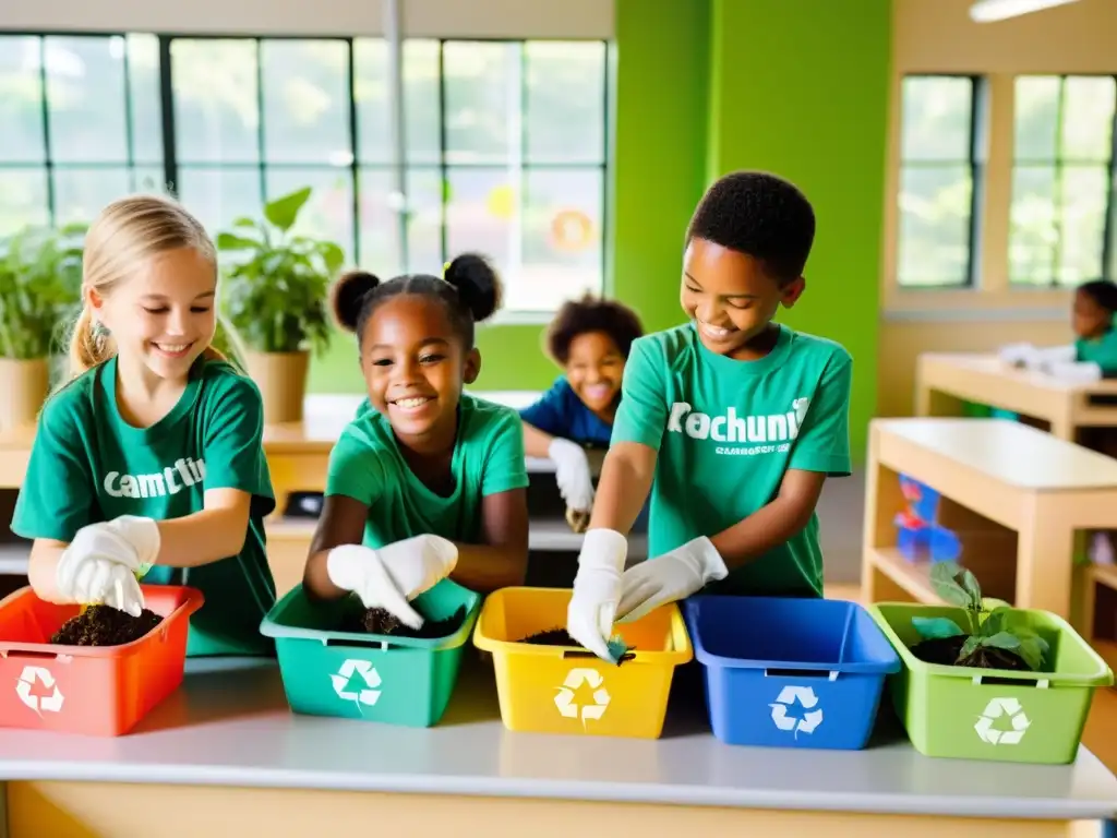 Un aula luminosa y aireada, niños felices aprendiendo sobre el manejo seguro de residuos, rodeados de plantas y carteles con mensajes ambientales