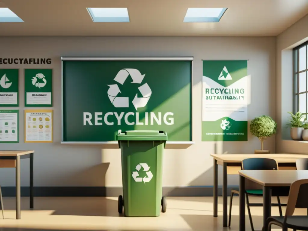 Un aula minimalista con un gran contenedor de reciclaje, carteles educativos sobre reciclaje y una atmósfera serena para el blog educativo reciclaje