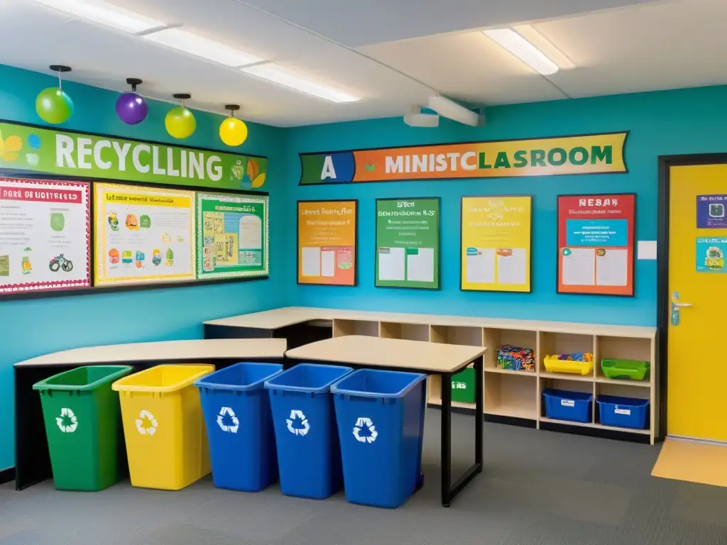 Un aula minimalista con un rincón de reciclaje y espacios de juego dedicados reciclaje, niños aprendiendo de forma práctica sobre sostenibilidad