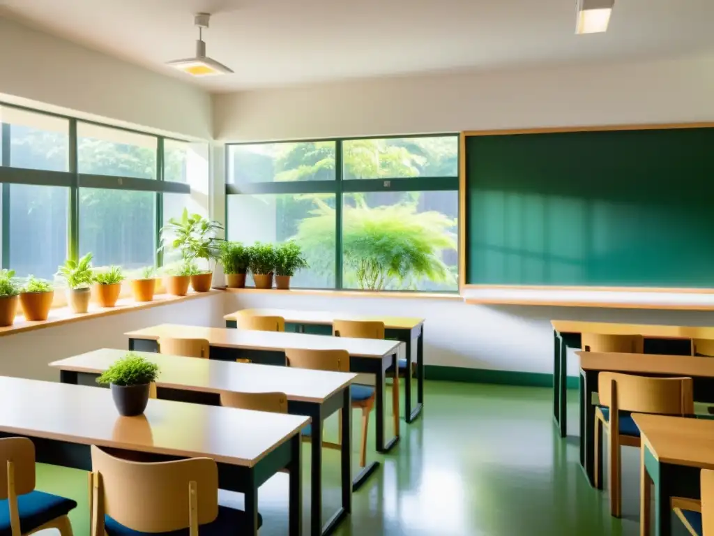 Un aula serena y minimalista con vistas a un exuberante patio