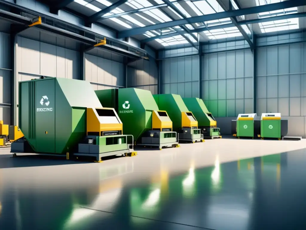 Instalación de reciclaje futurista: gestión inteligente de materiales Avance en la gestión de materiales: planta de reciclaje moderna con maquinaria futurista y eficiente