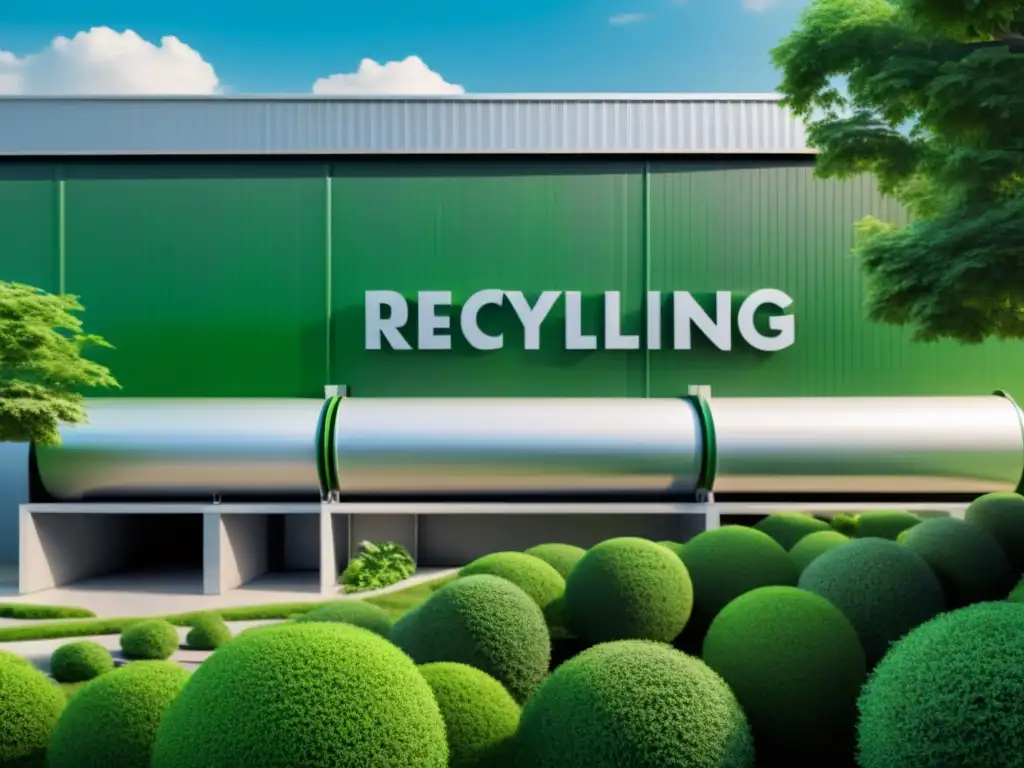 Avances tecnológicos en reciclaje residuos: Una planta de reciclaje de diseño futurista, rodeada de exuberante vegetación, refleja armonía y progreso en la gestión de residuos