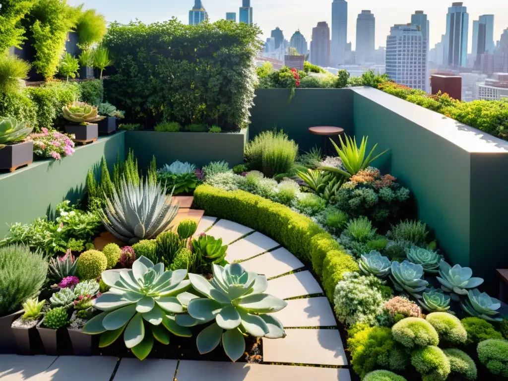 Un jardín en la azotea rebosante de vida, con plantas prósperas, senderos serpenteantes y áreas de descanso modernas