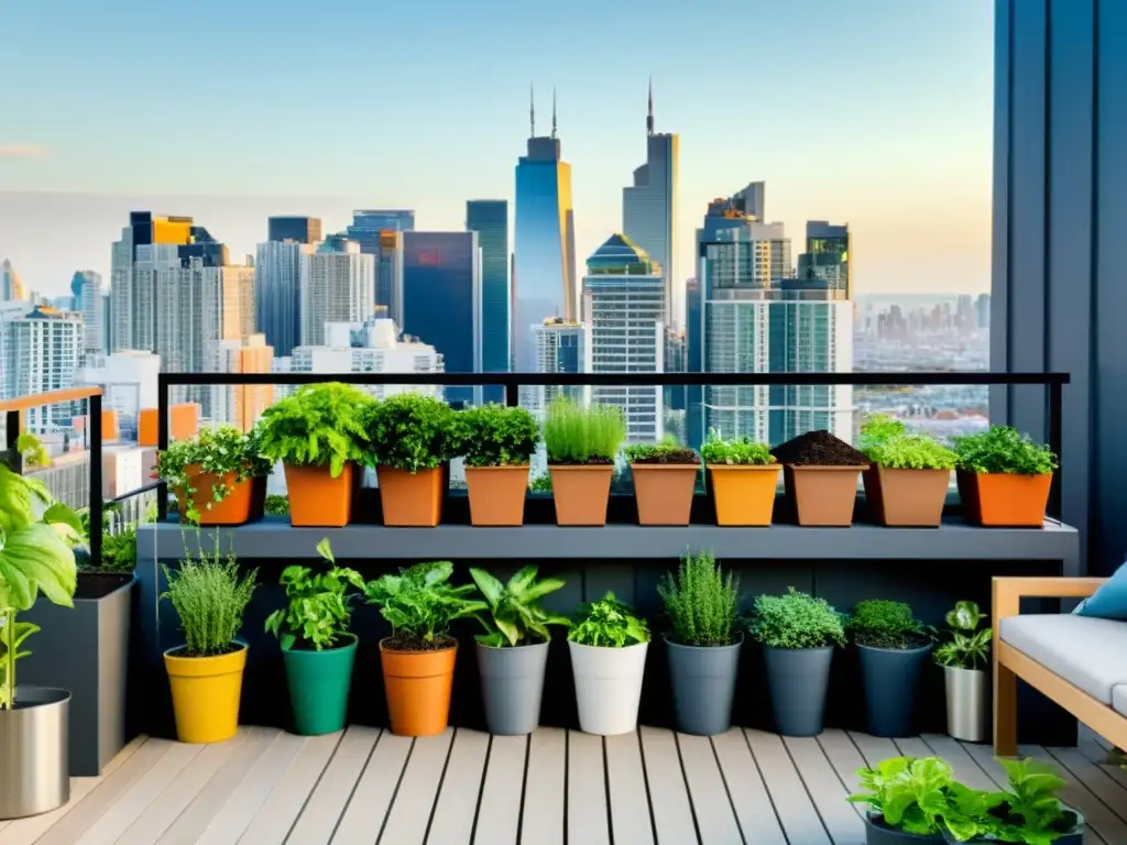 Un balcón organizado con huerto urbano, plantas en macetas, compostaje y herramientas sostenibles