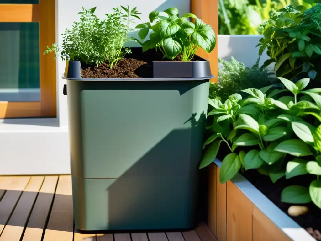 Un balcón urbano con compostaje en espacios reducidos, rodeado de plantas y hierbas en macetas, bañado por la luz del sol