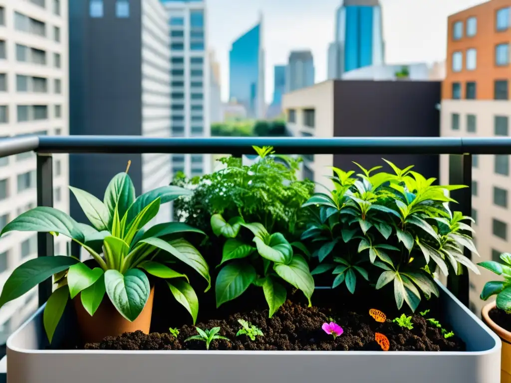 Un balcón urbano convertido en un exuberante jardín en miniatura mediante técnicas de compostaje urbano en el hogar