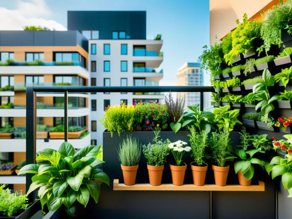 Un balcón urbano lleno de vida, con jardinería vertical y luz cálida