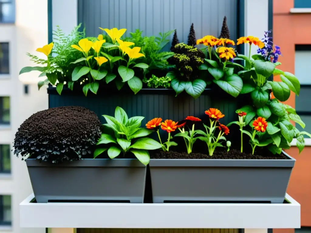 Un balcón urbano muestra un jardín vertical con compostaje y plantas exuberantes