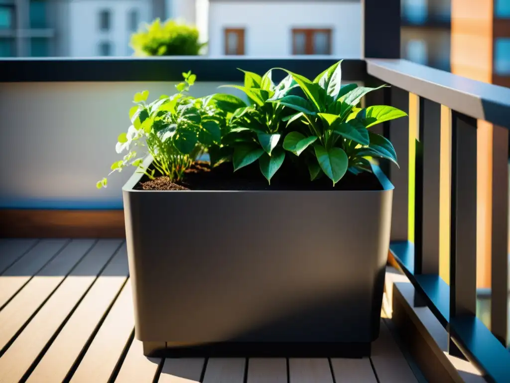 Un balcón urbano con vibrantes plantas en macetas y un elegante sistema de compostaje Bokashi, reflejando armonía entre vida sostenible y urbana