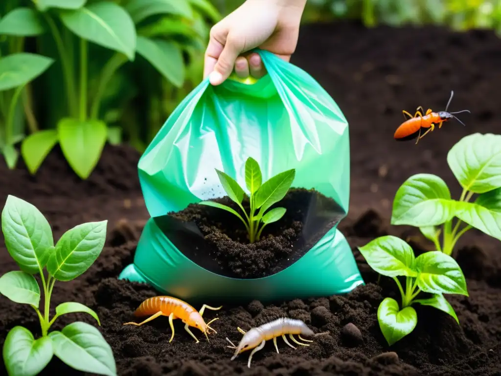 Biodegradable plastic bag compostándose en un jardín exuberante, resaltando el impacto positivo de bioplásticos y compostables en reciclaje