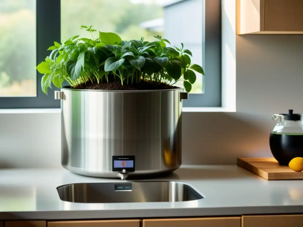 Biodigestor casero para compostaje en una cocina moderna, eficiencia y sostenibilidad