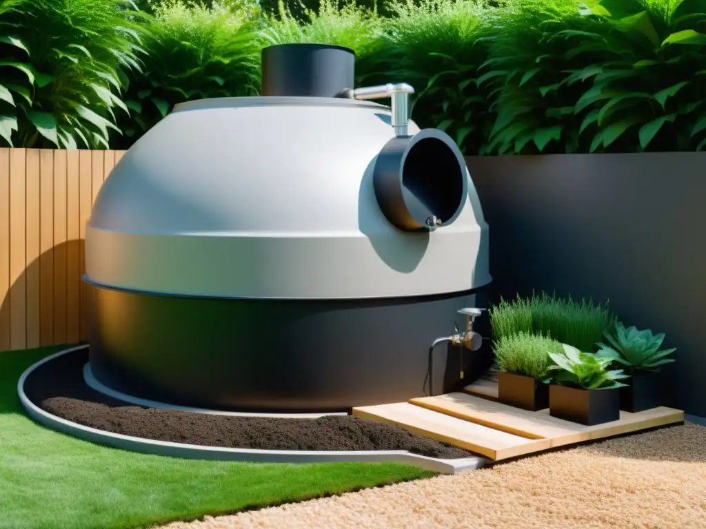 Un biodigestor casero para compostaje en un jardín, con diseño minimalista y tecnología innovadora