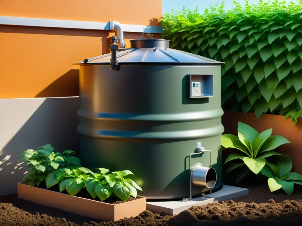 Biodigestores caseros para compostaje: sistema de biogás en un jardín, rodeado de plantas verdes, con luz solar brillante