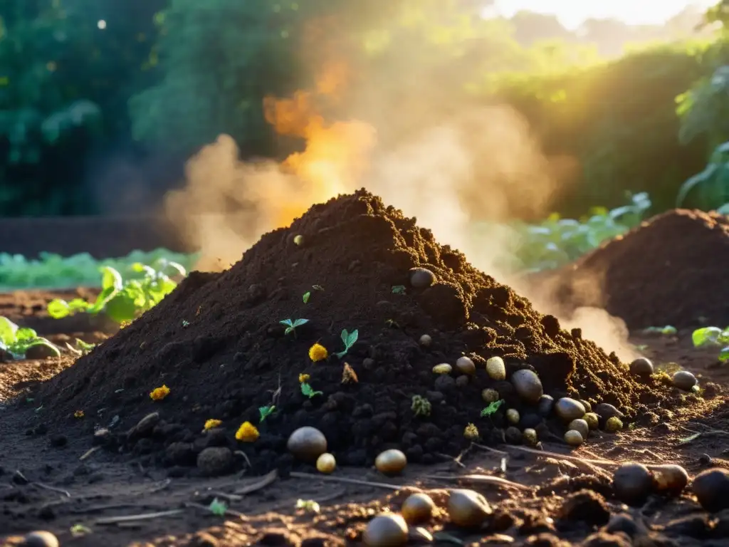 Bioplásticos derivados del compostaje: Un montón de compost verde teñido de vapor, con materia orgánica en descomposición y un sol brillante