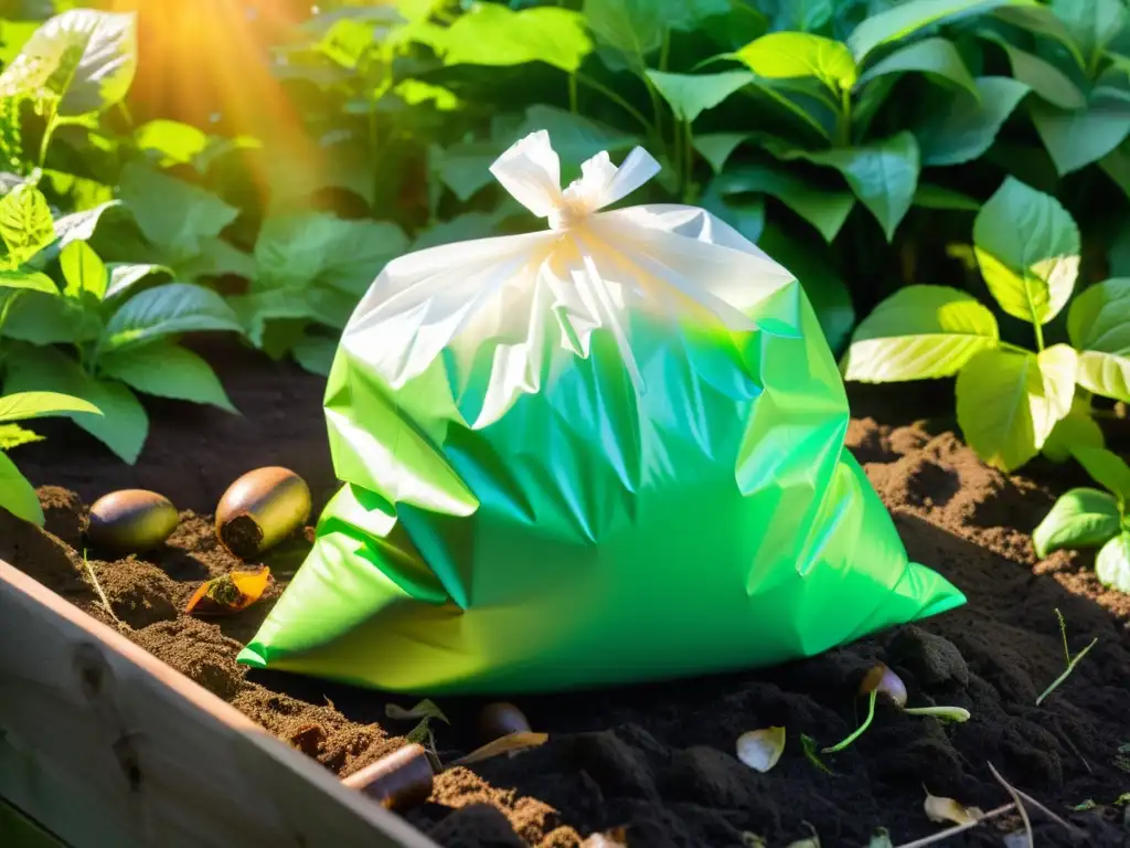 Bolsa de basura biodegradable compostable con residuos orgánicos en compostaje, iluminada por el sol en un jardín