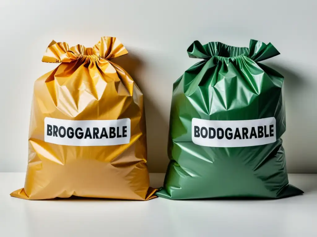 Dos bolsas de basura, una biodegradable y otra compostable, en una ilustración detallada con etiquetado informativo y colores ecológicos