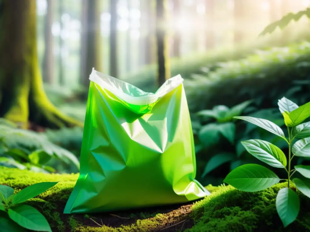 Un bolso de plástico biodegradable descompone en el bosque, integrándose con la naturaleza