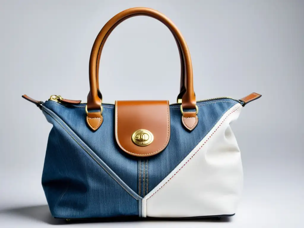 Bolso reciclado de denim y cuero, elegante y creativo