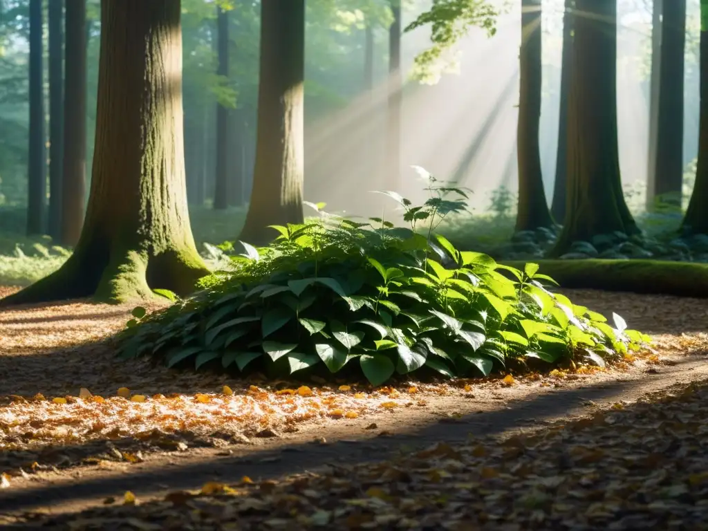 Compostaje natural en el bosque: hojas, luz y sombras Un bosque cubierto de hojas con rayos de sol filtrándose entre los árboles