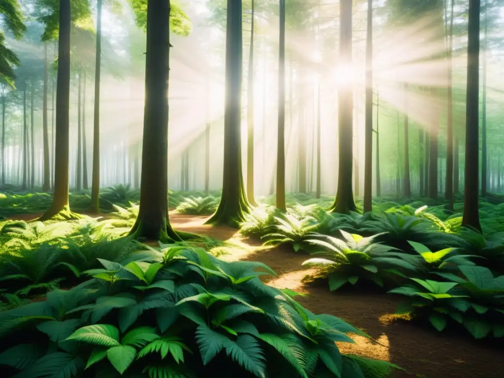 Un bosque exuberante bañado por la luz del sol, proyectando sombras en el suelo