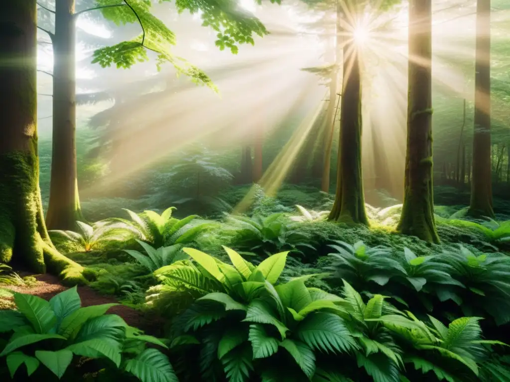 Un bosque exuberante bañado por la luz del sol, reflejando la belleza natural y la serenidad de un entorno ecológico