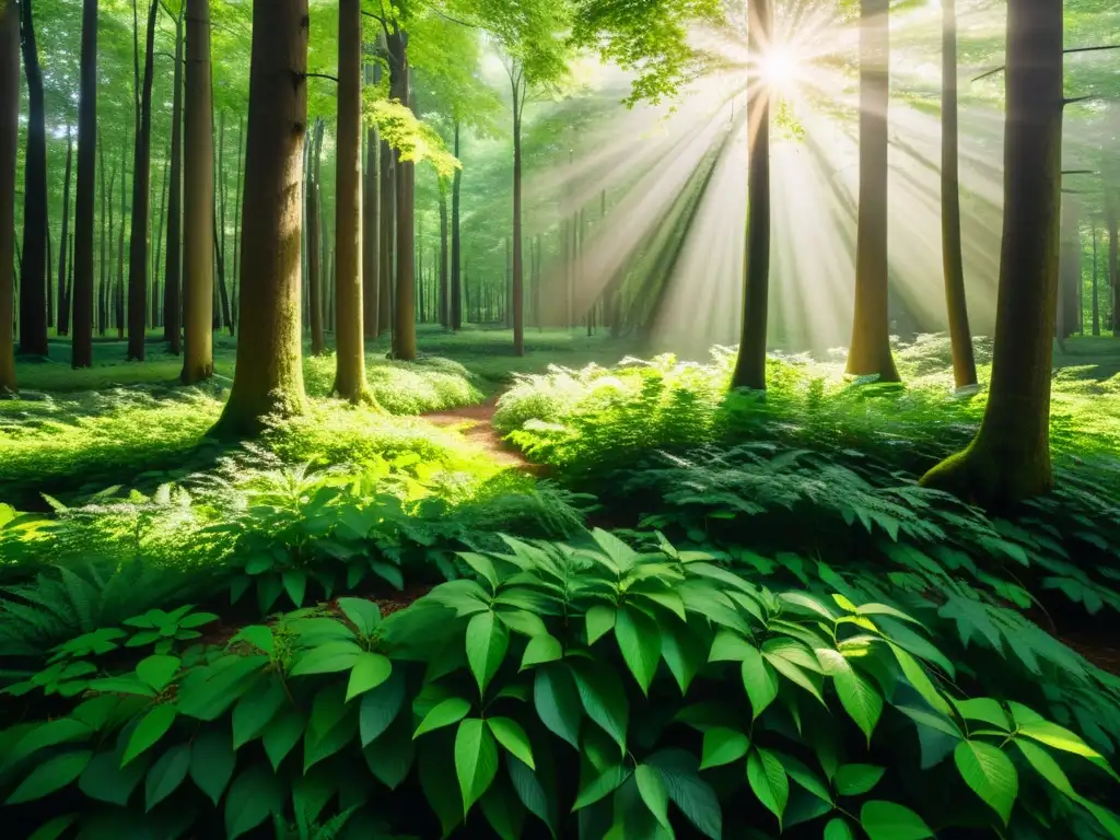 Un bosque exuberante bañado por la luz del sol, transmitiendo paz y belleza natural, ideal para el mensaje ecológico Seventh Generation