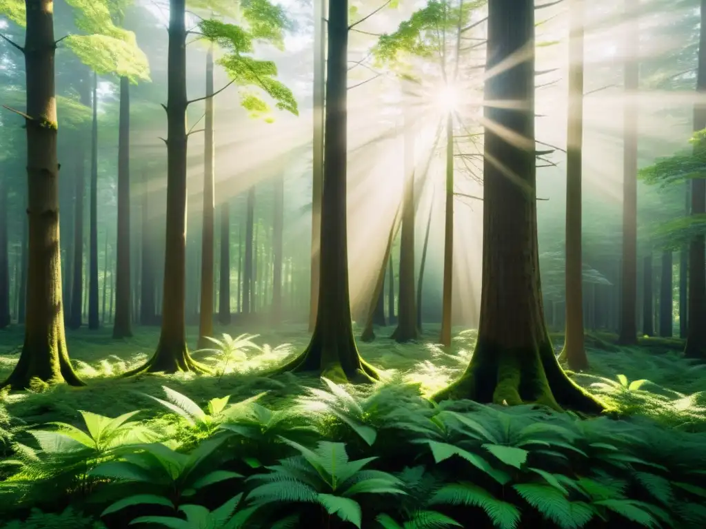 Un bosque exuberante bañado por la luz del sol, evocando paz y conexión con la naturaleza