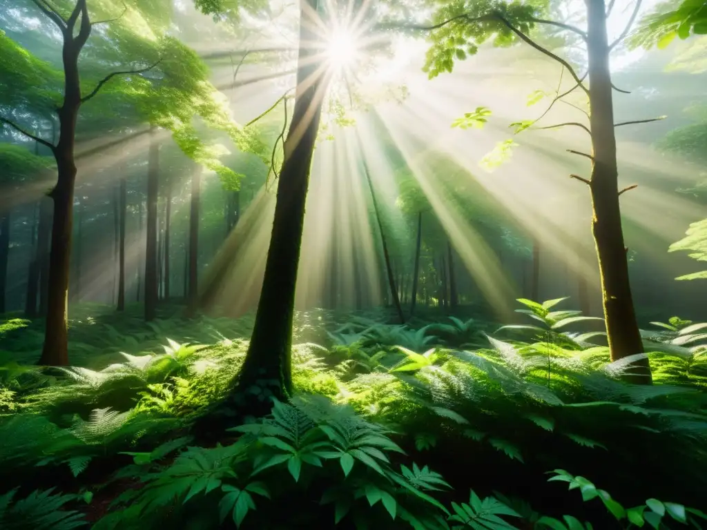 Un bosque exuberante bañado por la luz del sol, con hojas vibrantes y patrones intrincados en las ramas