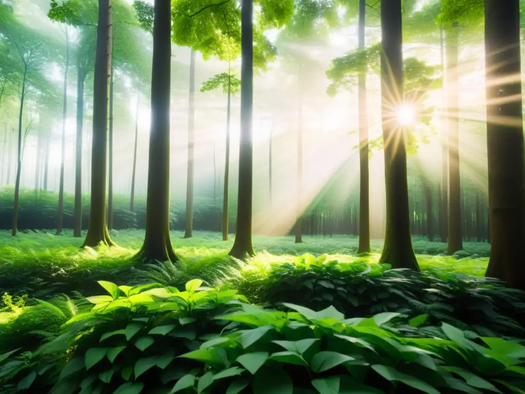 Un bosque exuberante bañado por la luz del sol, destacando la importancia del reciclaje papel disminuye deforestación