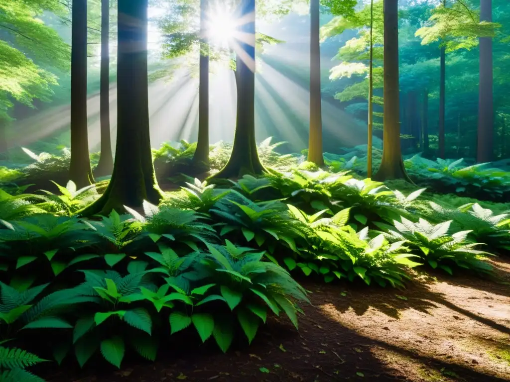 Un bosque exuberante bañado por la luz del sol, con sombras y detalles naturales