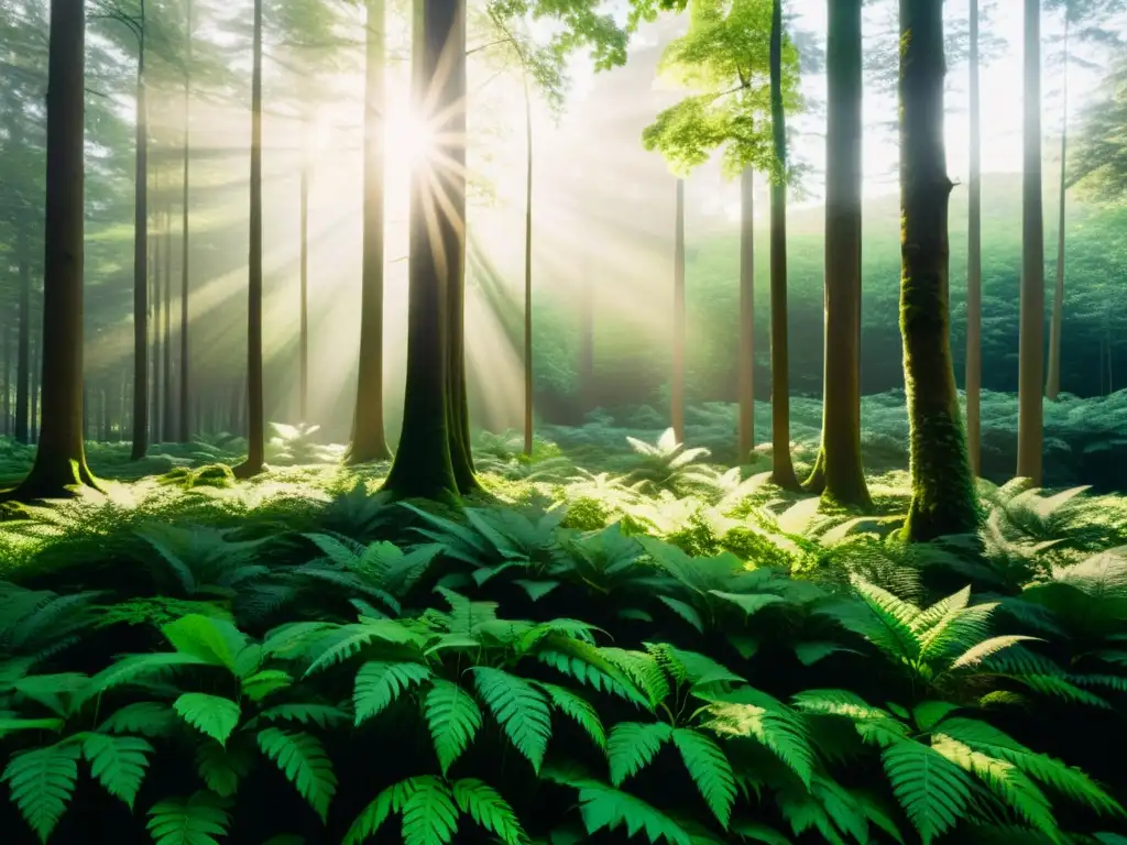 Un bosque exuberante bañado por la luz del sol, evocando armonía ambiental y colaboraciones ONGs ambientales marcas verdes