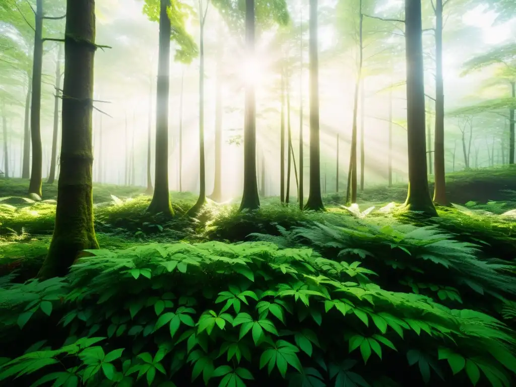 Un bosque exuberante y detallado en 8k con luz solar entre las hojas