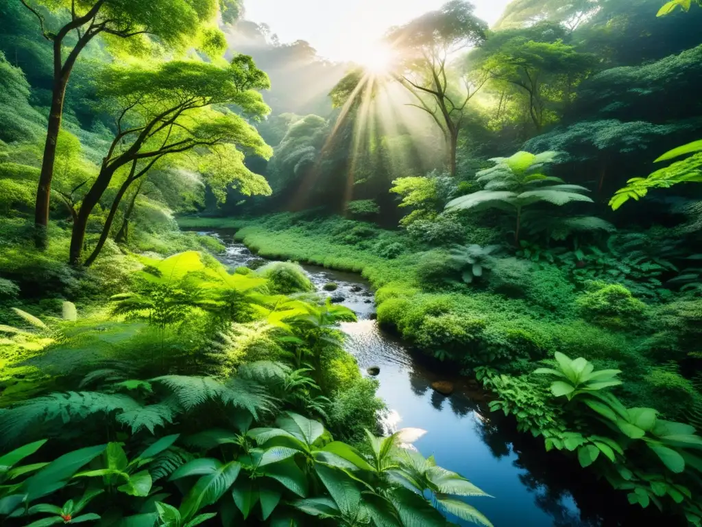 Un bosque exuberante con diversa fauna y flora, donde el reciclaje para conservación de biodiversidad es vital