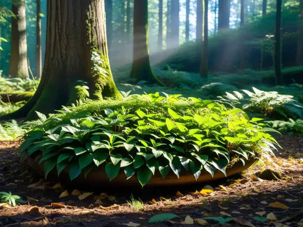 Un bosque exuberante y diverso, con luz solar filtrándose a través del dosel y creando sombras en el vibrante ecosistema del suelo