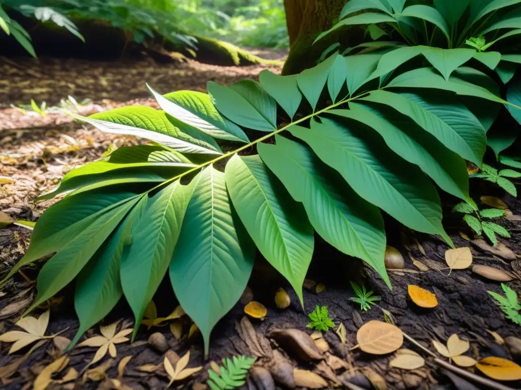 Un bosque exuberante con hojas en descomposición y vida vegetal próspera