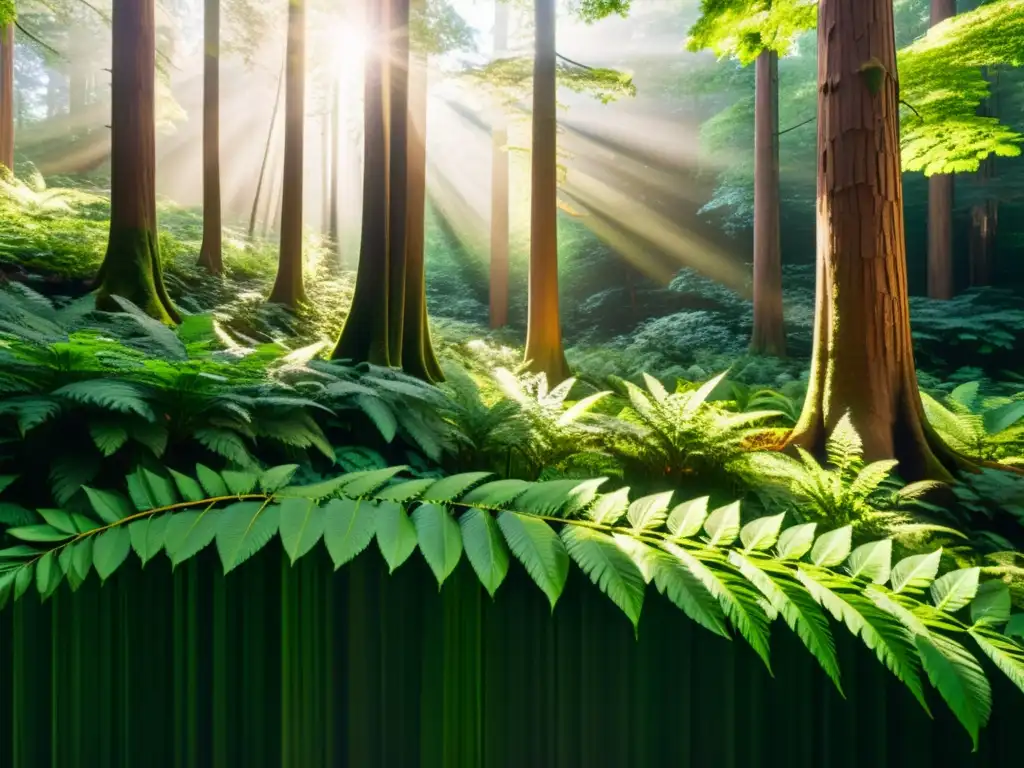 Un bosque exuberante con luz filtrada entre el dosel, destacando la vibrante vegetación