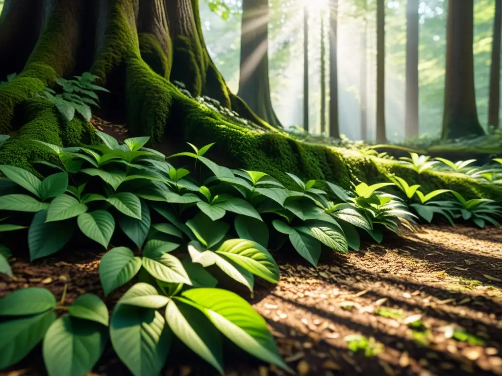 Un bosque exuberante con luz filtrándose entre las hojas, creando patrones de luz y sombra