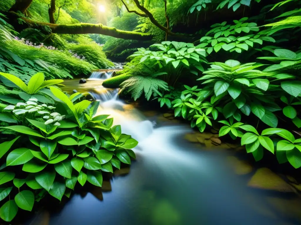 Bosque exuberante con luz del sol entre el dosel, resaltando la vegetación verde y diversa