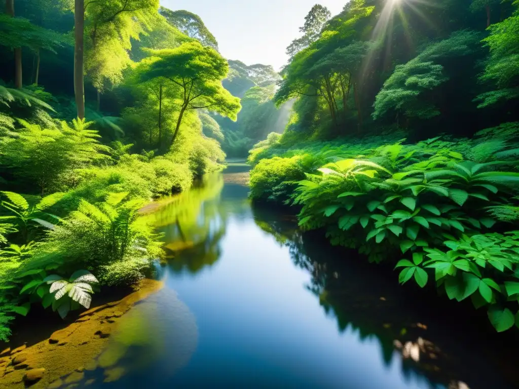 Un bosque exuberante con luz solar filtrándose a través del dosel, creando sombras y reflejos en un arroyo