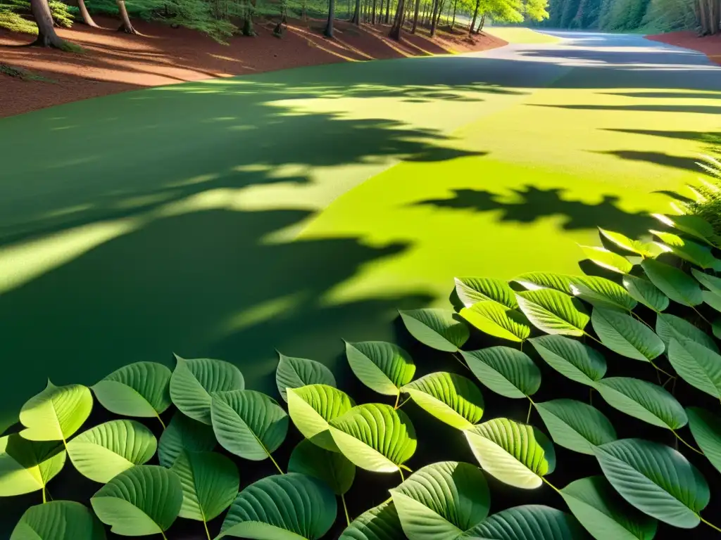 Un bosque exuberante con luz solar filtrándose entre las hojas, creando sombras intrincadas en el suelo