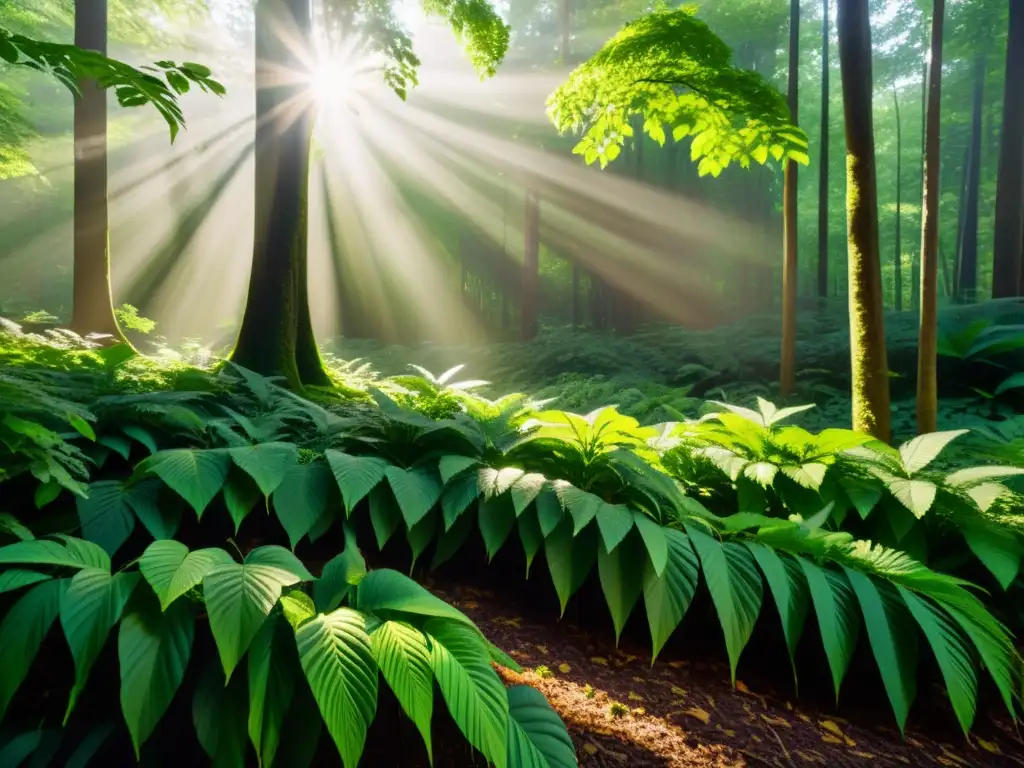 Un bosque exuberante con luz solar filtrándose a través del follaje, creando sombras detalladas en el suelo