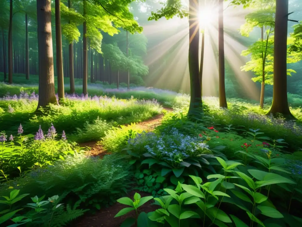 Un bosque exuberante con luz solar entre las hojas y flores silvestres