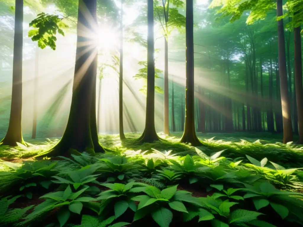 Un bosque exuberante con luz solar entre las hojas